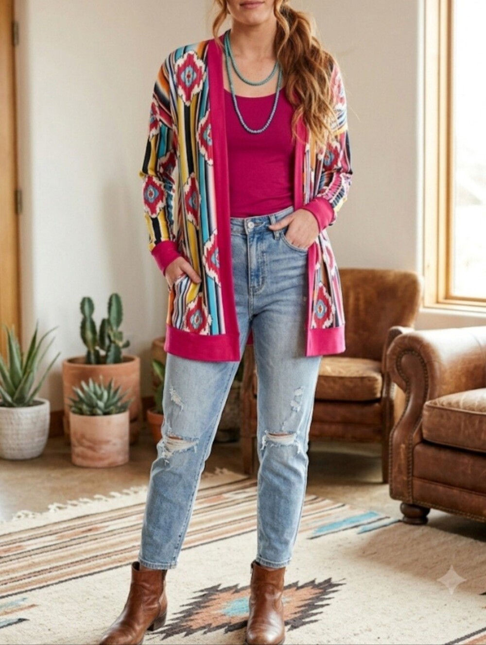 Southwestern Western Boho Serape Open Front Cardigan Size Small